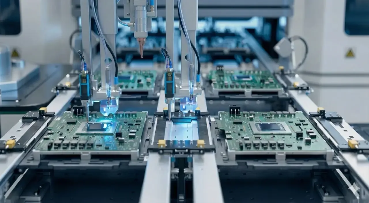 Linha de montagem SMT posicionando componentes em placas eletrônicas