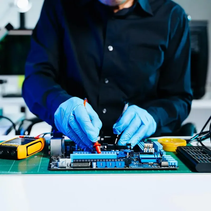 Técnico da Dastel testando uma placa eletrônica na bancada